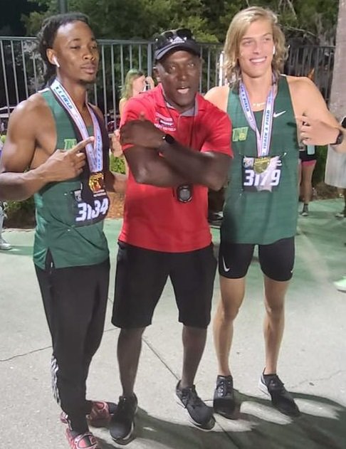 Nease seniors Cyrus Ways (left) and Rheinhardt Harrison (right) combined to win three gold medals at the state meet. Creekside High coach Ricky Fields coached both and Alexa Bohanon as part of the St. Johns Striders club team in middle school.